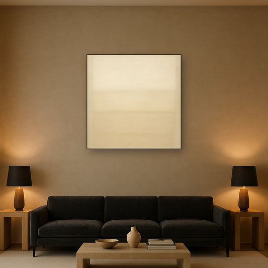 Oatmeal White & Pale Alabaster Monochrome Study No. 18 Oil Painting Staged Above Sectional Sofa in Living Room, Hand Painted Canvas Wall Art for Home Decor