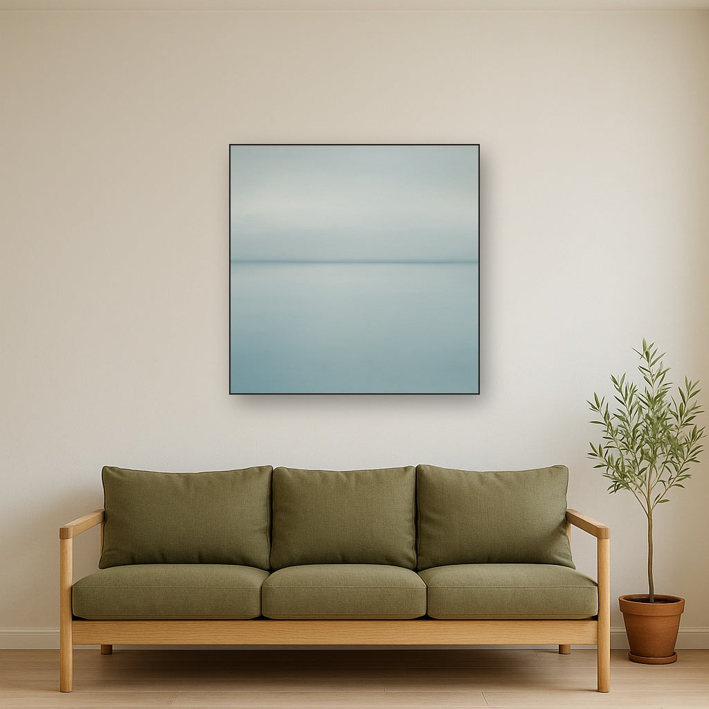Glass Horizon over Quiet Arctic Waters No. 24 Oil Painting Staged Above Sectional Sofa in Living Room, Hand Painted Canvas Wall Art for Home Decor