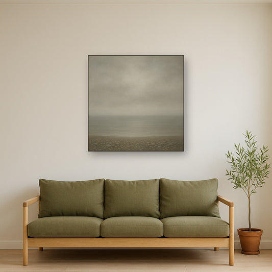 Overcast Coastal Fog & Wet Pebble Shingle No. 11 Oil Painting Staged Above Sectional Sofa in Living Room, Hand Painted Canvas Wall Art for Home Decor