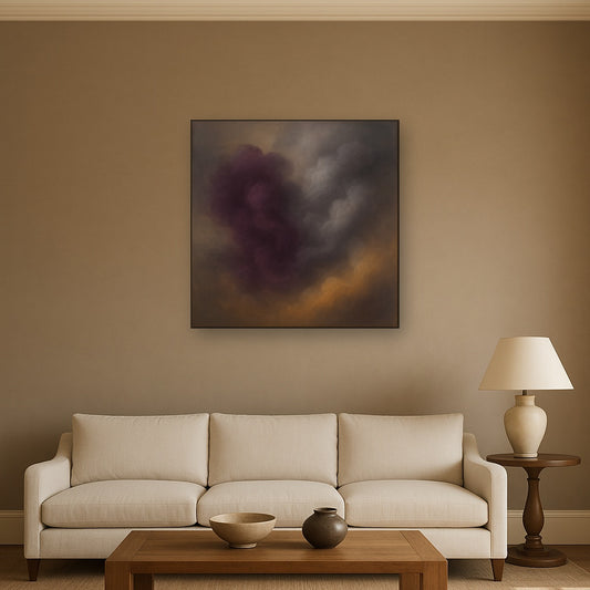 Gilded Plum & Soft Smoke Cloud Harmony No. 16 Oil Painting Staged Above Sectional Sofa in Living Room, Hand Painted Canvas Wall Art for Home Decor