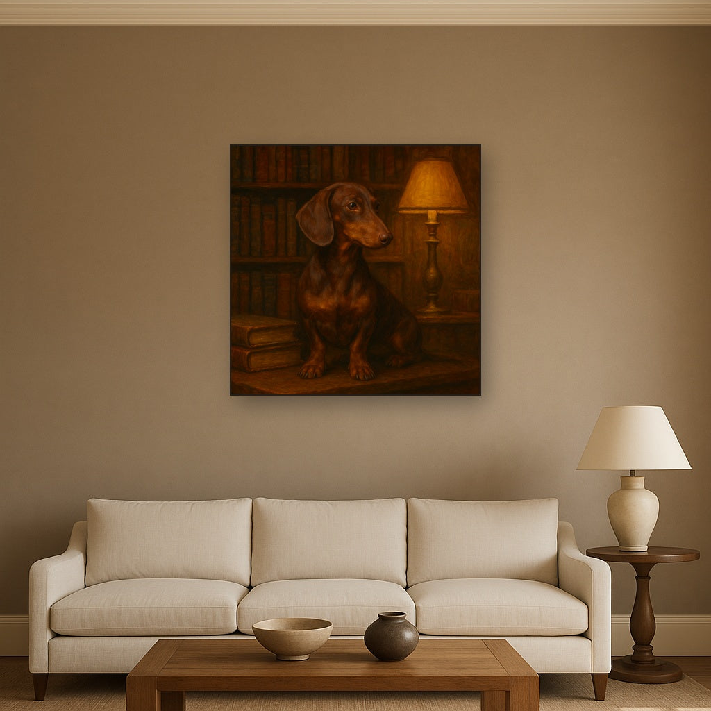 Smooth Dachshund in Moody Library Study No. 8 Fine Art Oil Painting - View 2