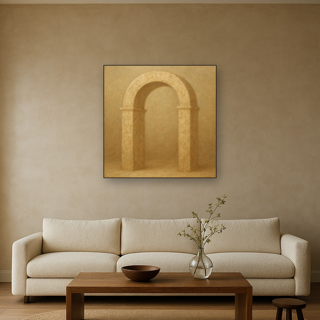 Travertine Stone Arch & Earth Tones No. 7 Oil Painting Staged Above Sectional Sofa in Living Room, Hand Painted Canvas Wall Art for Home Decor