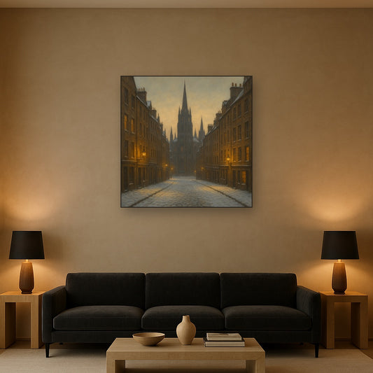 Edinburgh Old Town Royal Mile in Snow No. 15 Oil Painting Staged Above Sectional Sofa in Living Room, Hand Painted Canvas Wall Art for Home Decor