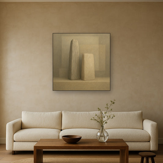 Driftwood Grey & Weathered Stone Monolith No. 2 Oil Painting Staged Above Sectional Sofa in Living Room, Hand Painted Canvas Wall Art for Home Decor