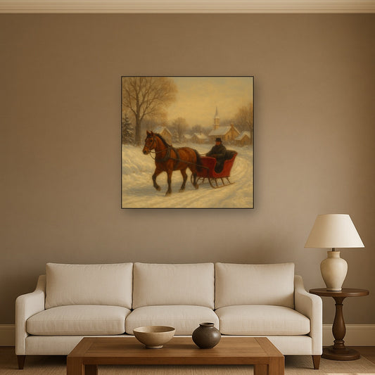 Horse-Drawn Sleigh on Village Snow Road No. 9 Oil Painting Staged Above Sectional Sofa in Living Room, Hand Painted Canvas Wall Art for Home Decor