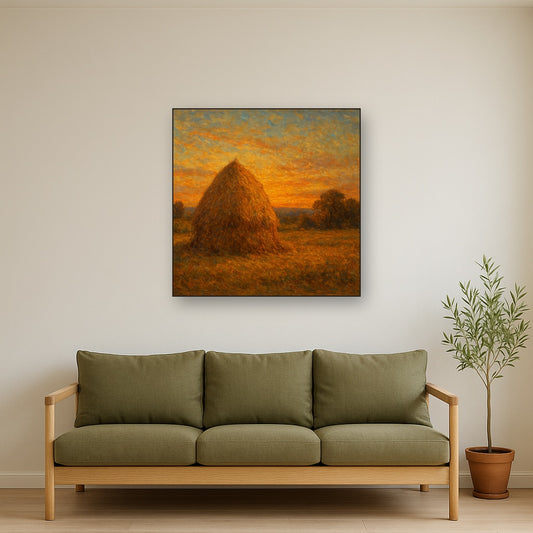 Rustic Countryside Haystack at Sunset No. 5 Oil Painting - Styled in Modern Living Room