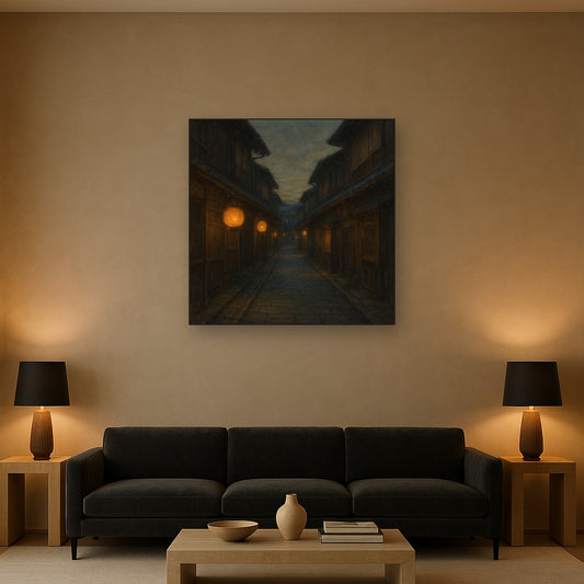 Old Kyoto Gion Alley in Soft Lantern Light No. 5 Oil Painting Staged Above Sectional Sofa in Living Room, Hand Painted Canvas Wall Art for Home Decor