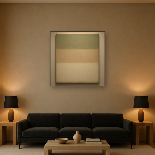 Sage Olive & Pale Sandstone Minimalist Harmony No. 30 Oil Painting Staged Above Sectional Sofa in Living Room, Hand Painted Canvas Wall Art for Home Decor