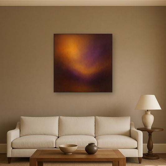 Burnt Amber & Velvet Amethyst Atmosphere No. 16 Oil Painting Staged Above Sectional Sofa in Living Room, Hand Painted Canvas Wall Art for Home Decor