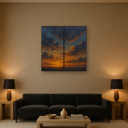 Luminescent Twilight Cloud Diptych Oil Painting - Styled in Modern Living Room
