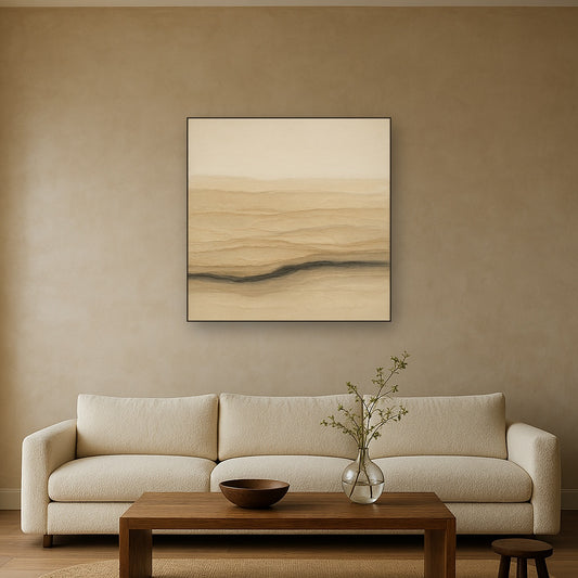 Raw Limestone Horizon & Washed Linen No. 17 Oil Painting Staged Above Sectional Sofa in Living Room, Hand Painted Canvas Wall Art for Home Decor