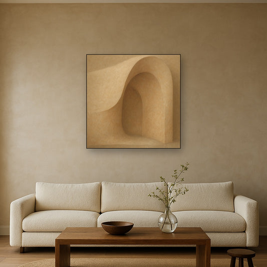 Soft Architectural Curve in Desert Bone No. 26 Oil Painting Staged Above Sectional Sofa in Living Room, Hand Painted Canvas Wall Art for Home Decor