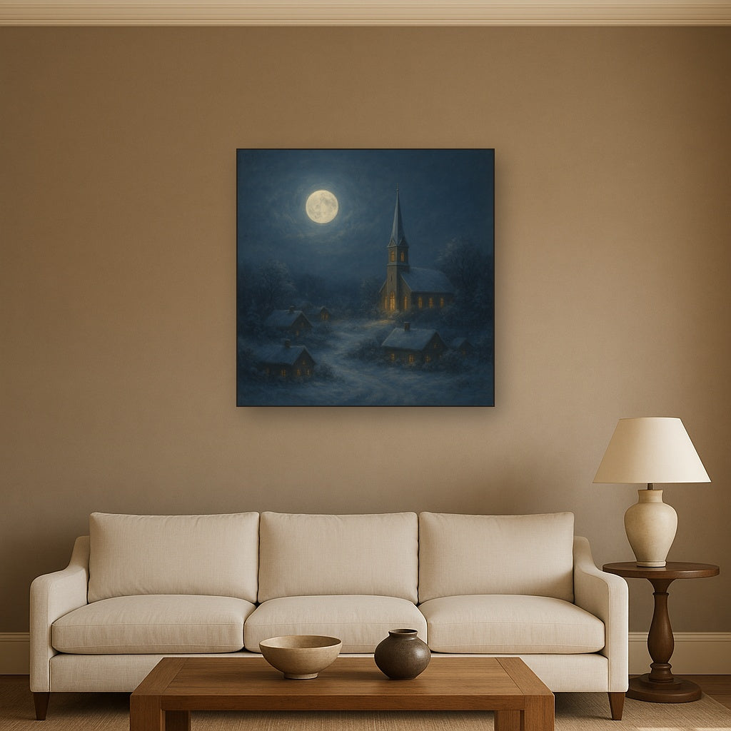 Moonlight Over Snowy Village Steeple No. 4 Oil Painting - View 2