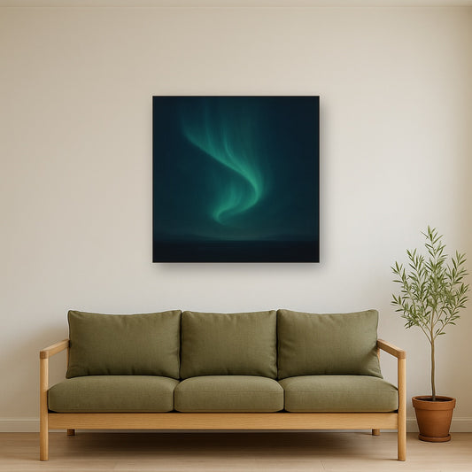 Aurora Borealis Veil in Deep Midnight Indigo No. 24 Oil Painting Staged Above Sectional Sofa in Living Room, Hand Painted Canvas Wall Art for Home Decor