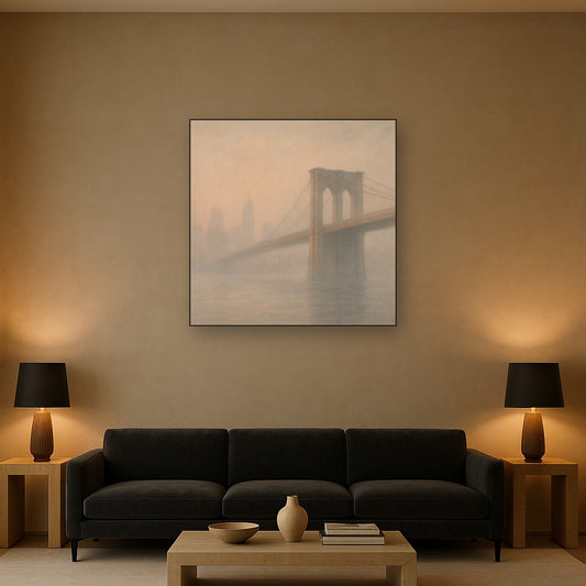 Brooklyn Bridge in Morning River Mist No. 7 Oil Painting Staged Above Sectional Sofa in Living Room, Hand Painted Canvas Wall Art for Home Decor