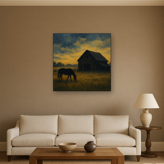 Rustic Equestrian Stable Silhouette No. 2 Oil Painting - Styled in Modern Living Room