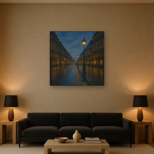 Rainy Parisian Boulevard at Twilight No. 6 Oil Painting Staged Above Sectional Sofa in Living Room, Hand Painted Canvas Wall Art for Home Decor