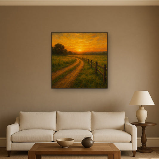 Golden Hour Country Lane & Fence No. 2 Oil Painting - Styled in Modern Living Room