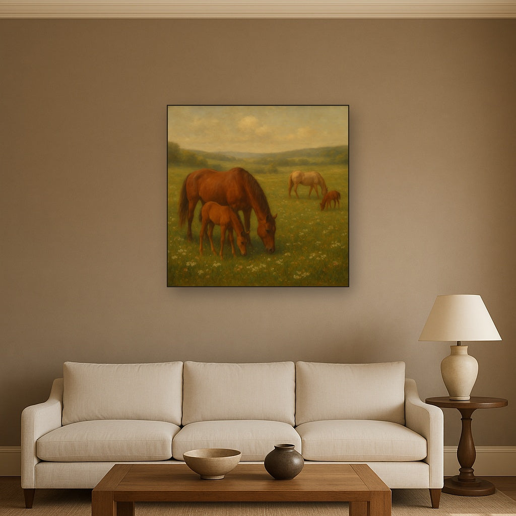 Mares & Foals Grazing in Rolling Meadow No. 4 Oil Painting Staged Above Sectional Sofa in Living Room, Hand Painted Canvas Wall Art for Home Decor