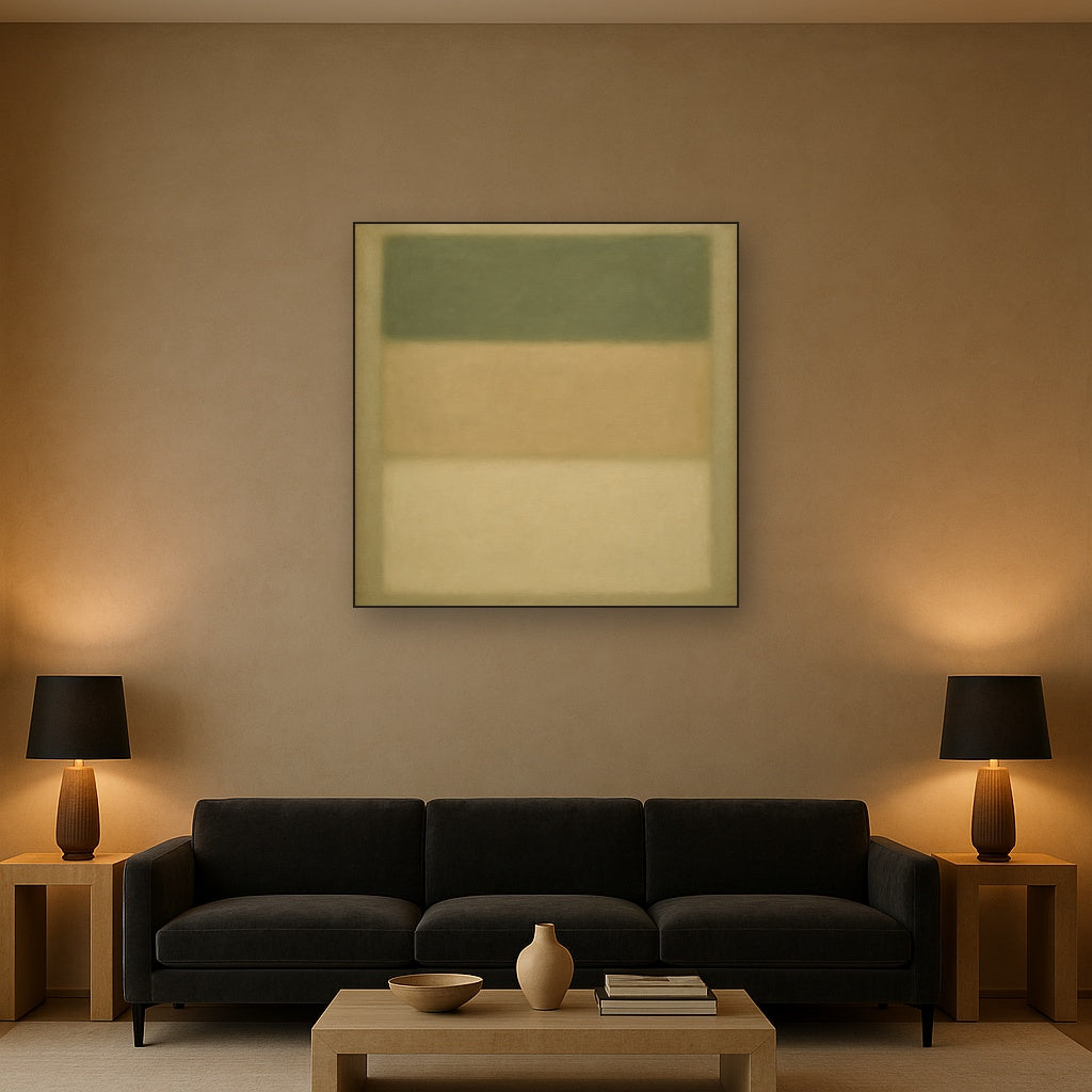 Sage Olive & Pale Sandstone Minimalist Harmony No. 24 Oil Painting Staged Above Sectional Sofa in Living Room, Hand Painted Canvas Wall Art for Home Decor