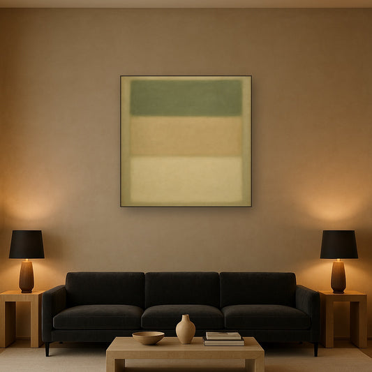 Sage Olive & Pale Sandstone Minimalist Harmony No. 24 Oil Painting Staged Above Sectional Sofa in Living Room, Hand Painted Canvas Wall Art for Home Decor