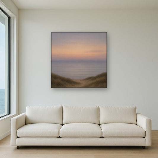 Pastel Dusk Horizon over Calm Atlantic Waters No. 4 Oil Painting Staged Above Sectional Sofa in Living Room, Hand Painted Canvas Wall Art for Home Decor