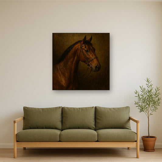 Vintage Equestrian Thoroughbred Portrait Oil Painting - Styled in Modern Living Room