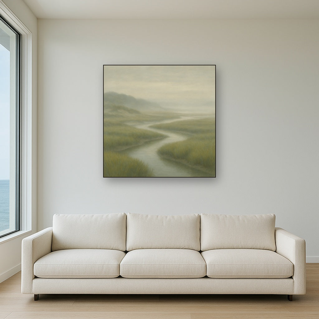 Morning Fog over Cape Cod Tidal Marsh No. 13 Oil Painting Staged Above Sectional Sofa in Living Room, Hand Painted Canvas Wall Art for Home Decor