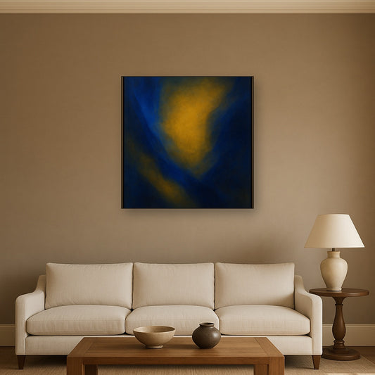 Lapis Lazuli & Golden Ochre Luminous Field No. 17 Oil Painting Staged Above Sectional Sofa in Living Room, Hand Painted Canvas Wall Art for Home Decor