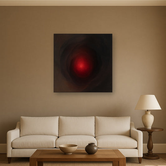 Smoky Ruby & Warm Obsidian Veils No. 20 Oil Painting Staged Above Sectional Sofa in Living Room, Hand Painted Canvas Wall Art for Home Decor