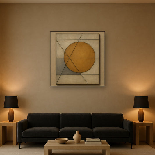 Abstract Tangent Lines & Earthy Ochre Disc No. 20 Oil Painting Staged Above Sectional Sofa in Living Room, Hand Painted Canvas Wall Art for Home Decor
