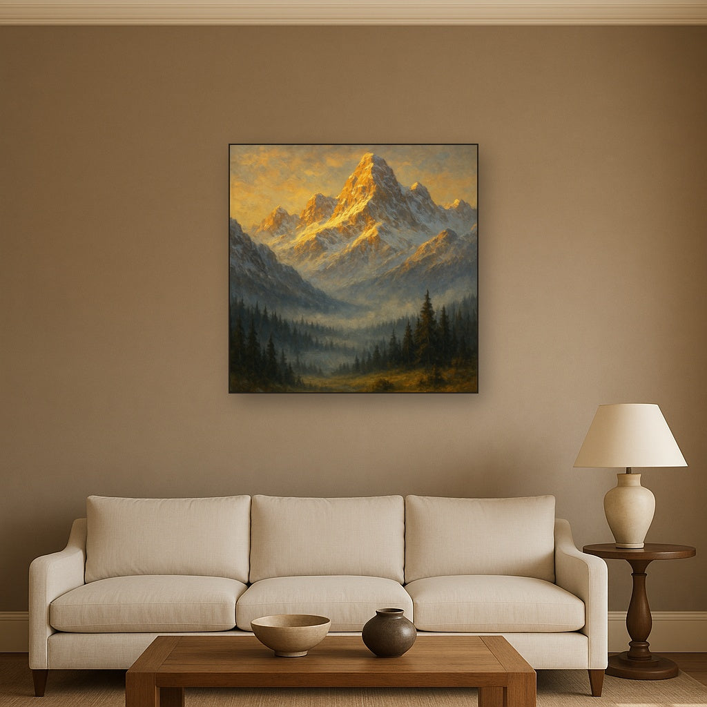 Alpine Peak Sunrise Landscape Oil Painting - Styled in Modern Living Room