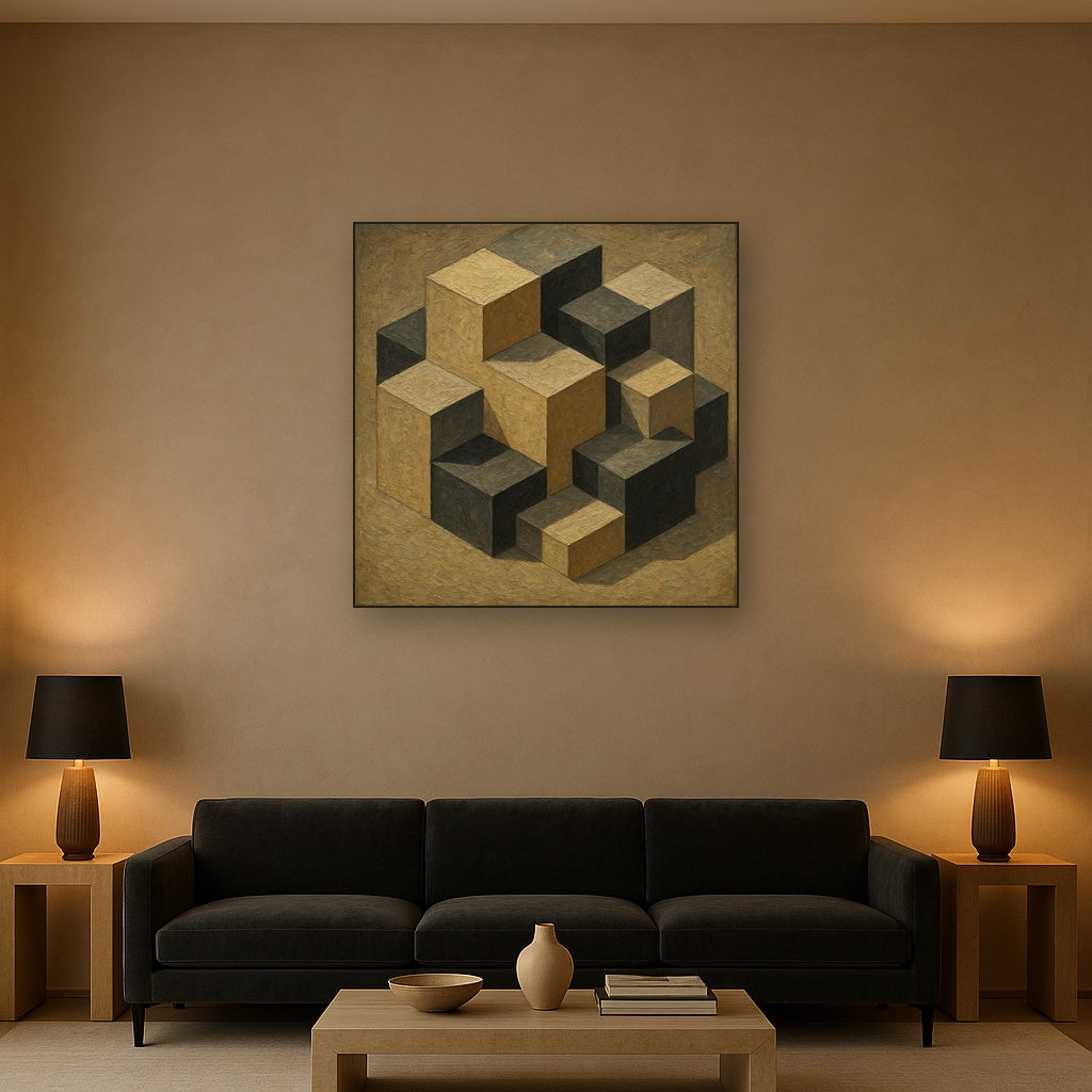 Isometric Modernist Cube Abstraction Oil Painting - Styled in Modern Living Room