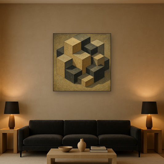 Isometric Modernist Cube Abstraction Oil Painting - Styled in Modern Living Room