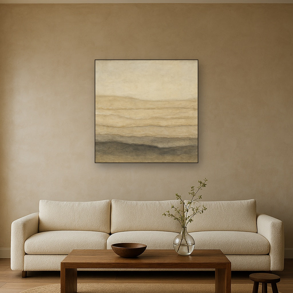 Raw Limestone Horizon & Washed Linen Oil Painting Staged Above Sectional Sofa in Living Room, Hand Painted Canvas Wall Art for Home Decor