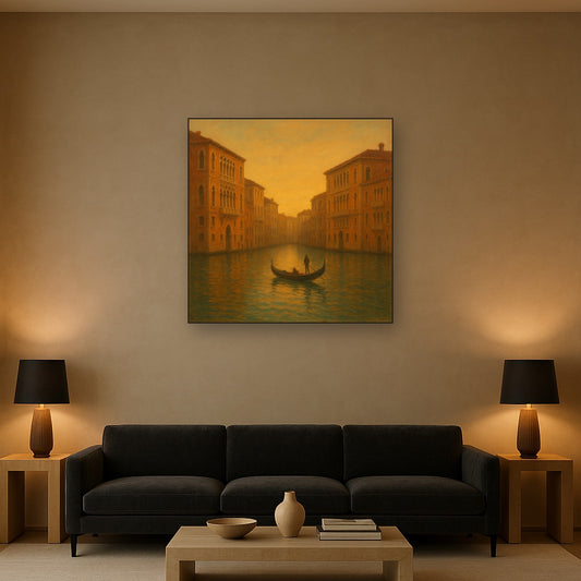 Venetian Canal Palaces at Golden Hour No. 19 Oil Painting Staged Above Sectional Sofa in Living Room, Hand Painted Canvas Wall Art for Home Decor