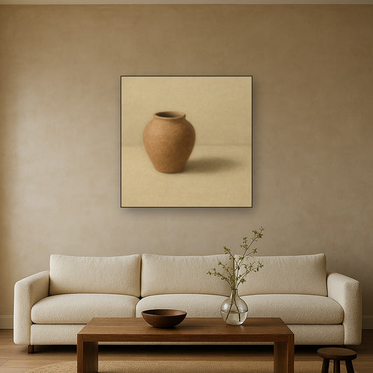 Organic Clay Vessel & Solitary Shadow No. 20 Oil Painting Staged Above Sectional Sofa in Living Room, Hand Painted Canvas Wall Art for Home Decor
