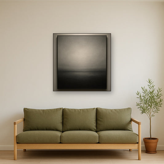 Monochrome Charcoal Drift & Soft Sfumato Horizon No. 13 Oil Painting Staged Above Sectional Sofa in Living Room, Hand Painted Canvas Wall Art for Home Decor