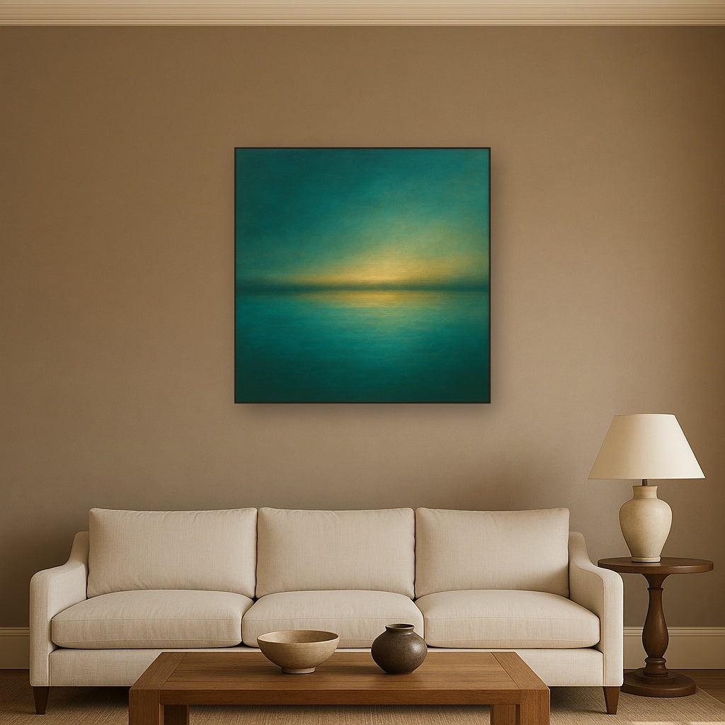 Peacock Teal & Champagne Gold Horizon No. 14 Oil Painting Staged Above Sectional Sofa in Living Room, Hand Painted Canvas Wall Art for Home Decor