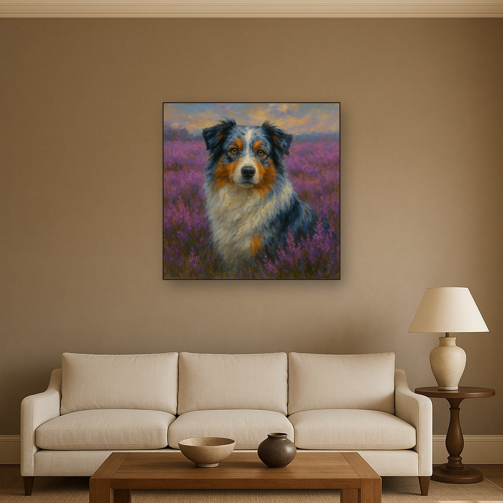 Australian Shepherd in Blooming Heather Field No. 16 Fine Art Oil Painting - View 2