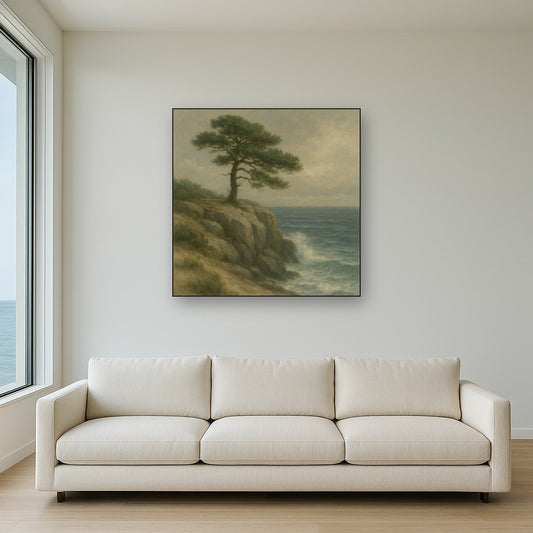 Wild Coastal Pine on Stormy Granite Cliff No. 14 Oil Painting Staged Above Sectional Sofa in Living Room, Hand Painted Canvas Wall Art for Home Decor
