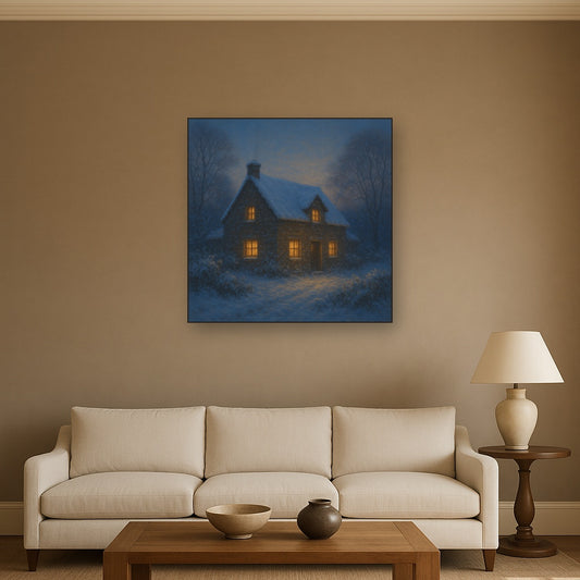 Snow-Dusted Stone Cottage at Twilight No. 10 Oil Painting Staged Above Sectional Sofa in Living Room, Hand Painted Canvas Wall Art for Home Decor