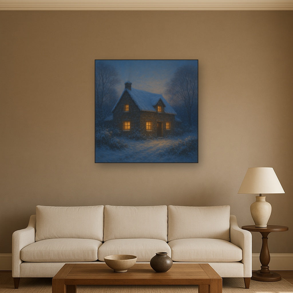 Snow-Dusted Stone Cottage at Twilight No. 10 Oil Painting - View 2