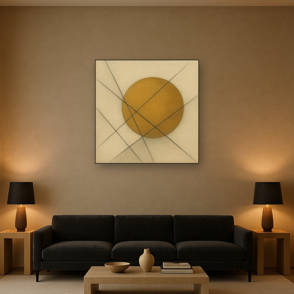 Abstract Tangent Lines & Earthy Ochre Disc No. 21 Oil Painting - View 2