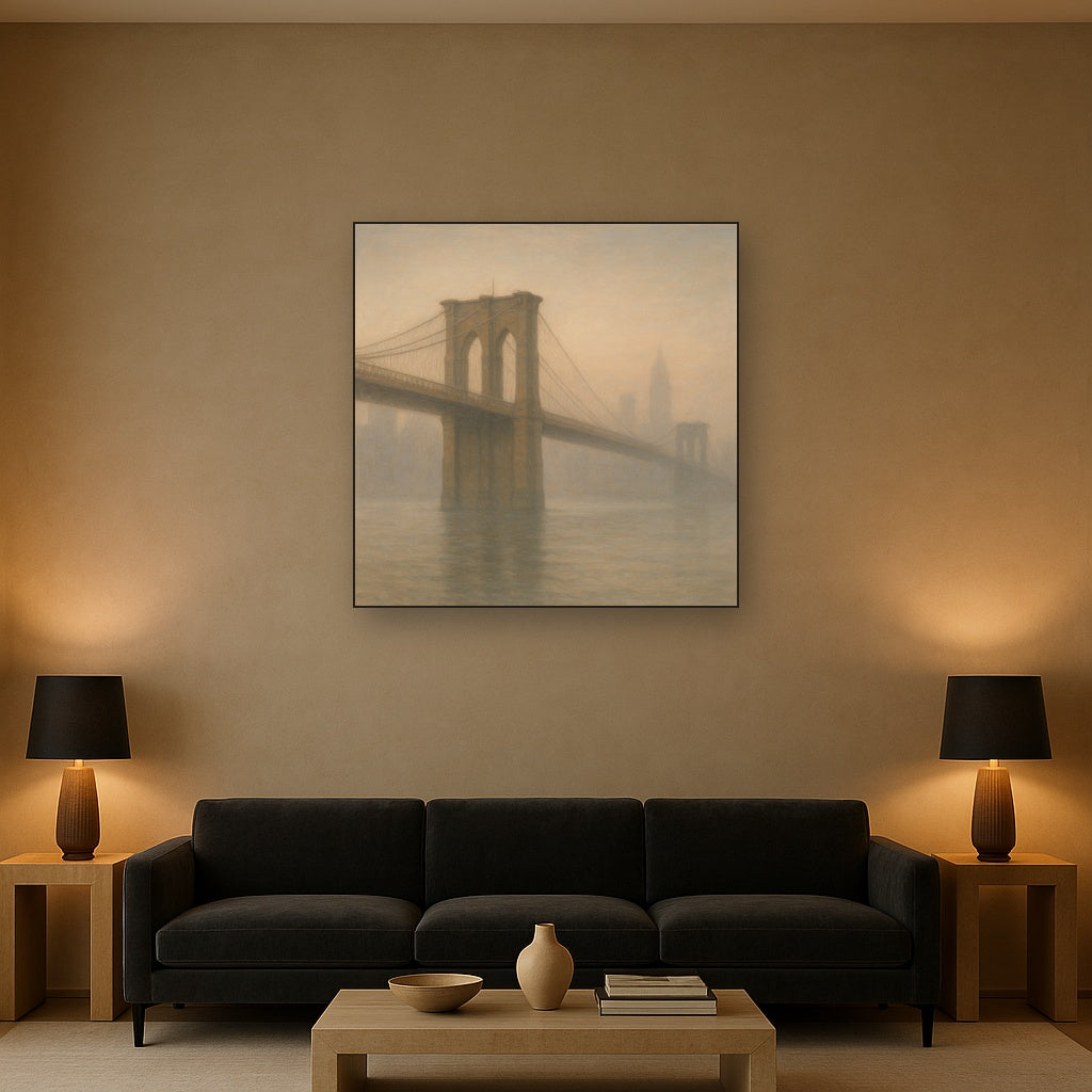 Brooklyn Bridge in Morning River Mist Oil Painting - View 2