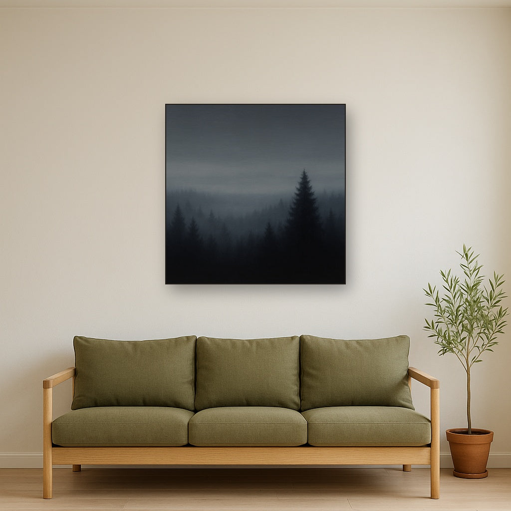 Dusk over Silent Pine Ridgeline in Charcoal Fog No. 3 Oil Painting Staged Above Sectional Sofa in Living Room, Hand Painted Canvas Wall Art for Home Decor