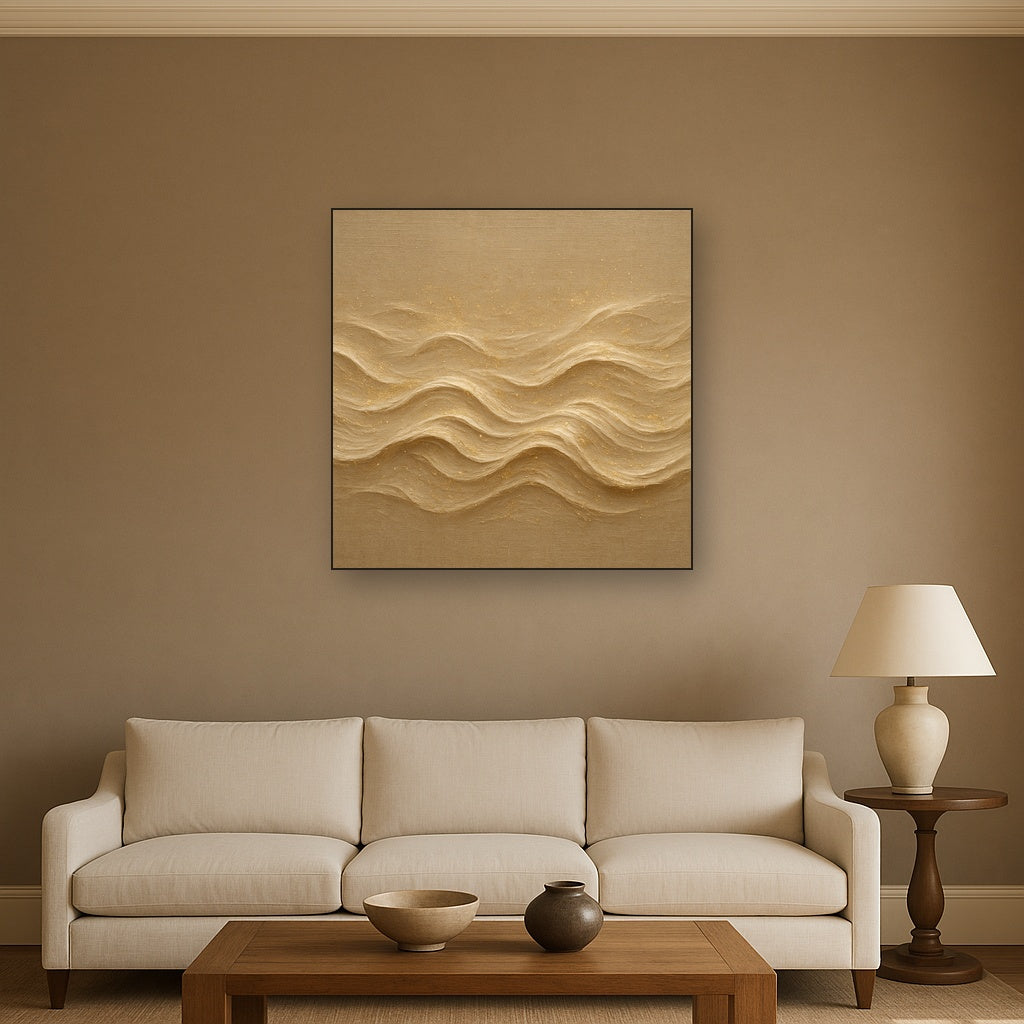 Champagne Wave & Gold Mist Luxury Oil Painting - Styled in Modern Living Room