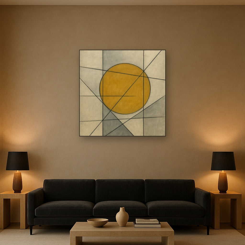 Abstract Tangent Lines & Earthy Ochre Disc No. 25 Oil Painting - View 2