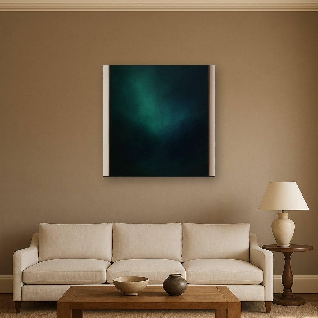 Emerald & Midnight Sapphire Sfumato Immersion No. 17 Oil Painting Staged Above Sectional Sofa in Living Room, Hand Painted Canvas Wall Art for Home Decor