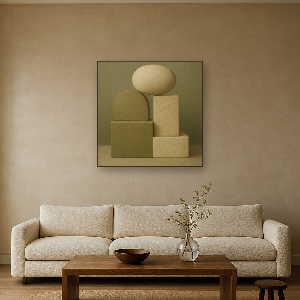 Muted Olive & Sandstone Geometric Balance No. 7 Oil Painting - View 2